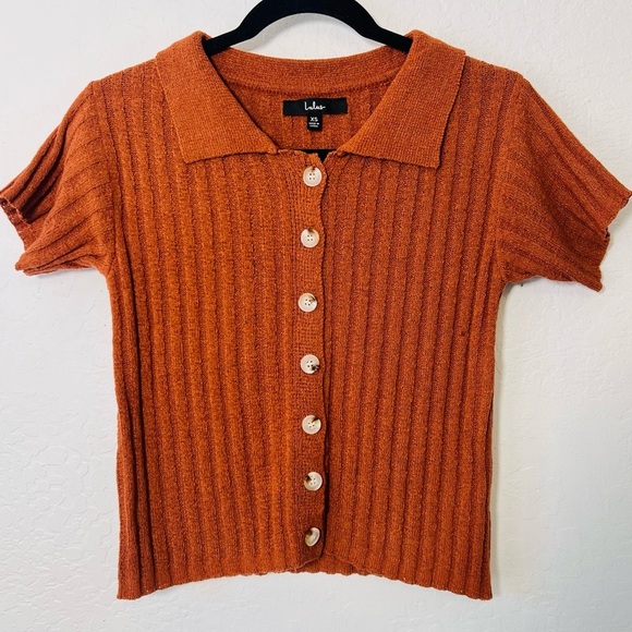Lulus Pleasant Charm Brown Button-Up Short Sleeve Cardigan Sweater XS - Picture 3 of 12